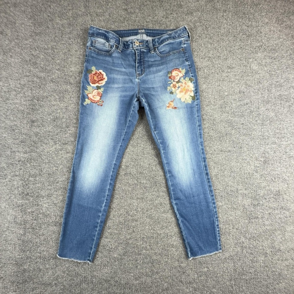 A.n.a Jeans Womens 12P Medium Wash Mid Rise Skinny Floral Embroidered Denim